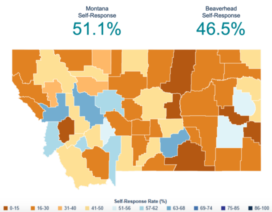 A map showing the self response rates from households to the 2020 Census by phone, mail or online.