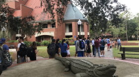 Students line up outside the University Auditorium box office on Tuesday for tickets to see Donald Trump Jr. and Kimberly Guilfoyle speak on Thursday. (Molly Chepenik/WUFT News)