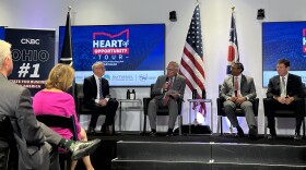 Gov. Mike DeWine (left), Lt. Gov. Jim Tressel (center-left), Ohio State University President Ravi Bellamkonda (center-right) and Columbus State Community College President David Harrison (right) in August 2026.