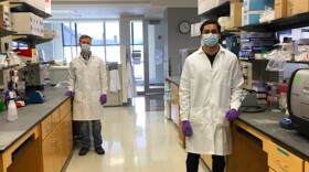 Laboratory technicians Justin Lange, left, and Akanksh Shetty observe social distancing while creating viral transport media at the University of Illinois. The fluid is used to preserve patient test samples for COVID-19.