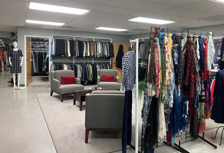 Rows of women's clothes hanging at Dress for Success QC, 423 32nd St., Davenport.