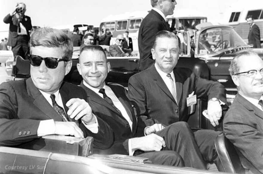 President John F. Kennedy, Governor Grant Sawyer, Senator Howard Cannon and Senator Alan Bible en route from McCarran Airport on September 28, 1963.