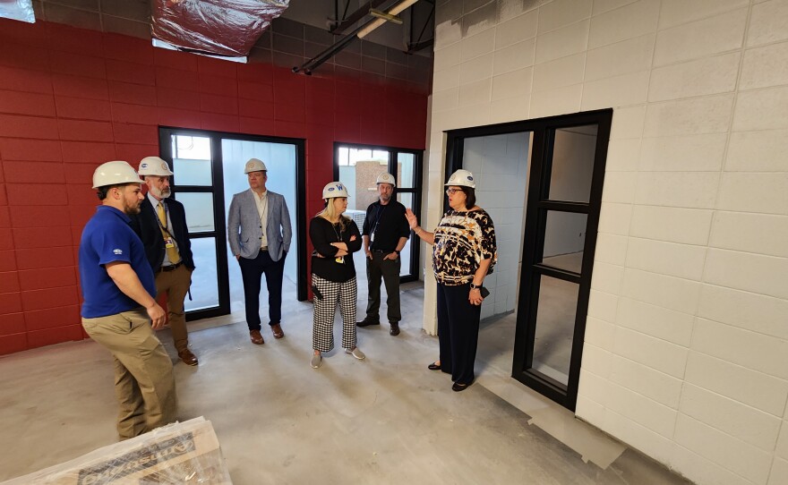 New Scranton Superintendent Erin Keating, on right, receives a tour of the renovations at West Scranton Intermediate School.