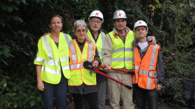 The five climate activists arrested after shutting down Canada-to-U.S. pipelines pose for a photo. They were identified by Climate Direct Action as (left to right): Emily Johnson, Annette Klapstein, Leonard Higgins, Ken Ward and Michael Foster.