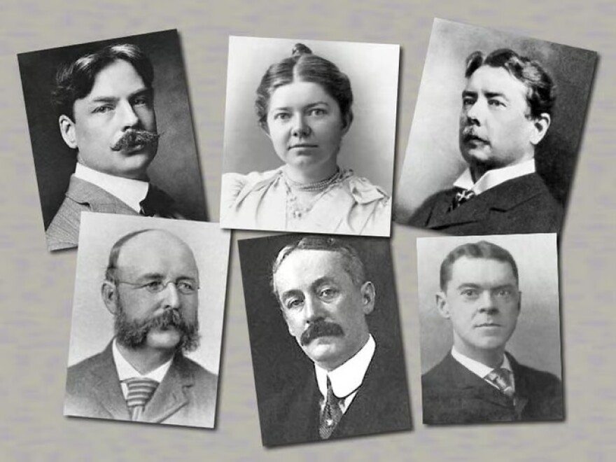 Top: Edward MacDowell, Amy Beach, George Chadwick. Bottom: John Knowles Paine, Horatio Parker, Arthur Foote.