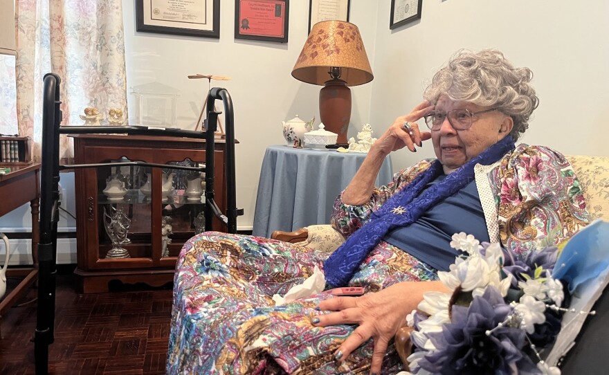 Inez Davenport Jones, 100, at her son's home in Virginia Beach. Jones, who lives in Atlanta, flew back to Virginia Beach last week for a party to celebrate her 100th birthday. In 1951, Jones was a teacher in Prince Edward County and helped the students organize a history-making protest.