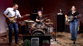 Papayas Con Chile guitarist Isreal Chávez (left), drummer Celina Corral (center), and rhythm guitarist Kayla Martinez (right).