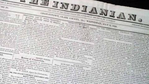 A close-up view of the front page of an antique newspaper titled "THE INDIANIAN." The masthead indicates it was published in Charlestown, Clark County, Indiana on Wednesday, July 8, 1846. 