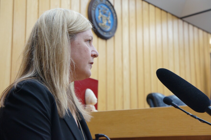 Kristine Moore testifies during Monday’s hearing