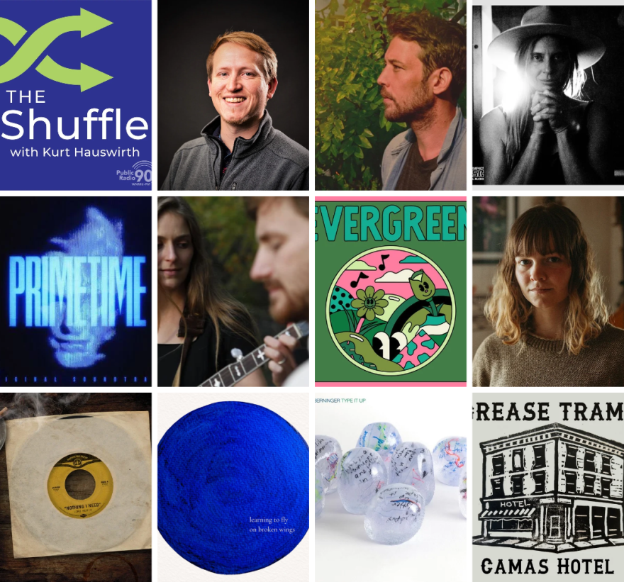 Decorative collage of album art and featured artists