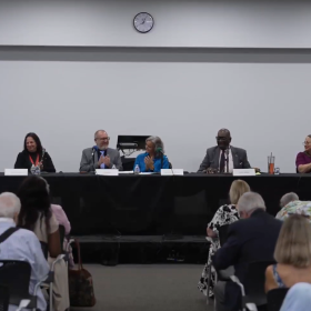 July 9, 2026 Lee County School Board Candidate forum (from left) Carline Saintilus (district 5) , Jenn McDaigle (district 1), Debbie Jordan (incumbent district 4), John Davis (moderator), Amy Bennett Williams (moderator), Carl Baxter (district 4), India Palencia (district 6), and Crystal Johnson (district 5)