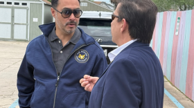 Rep Joaquin Castro and Rep Vicente Gonzalez outside the San Benito, TX ORR detention center