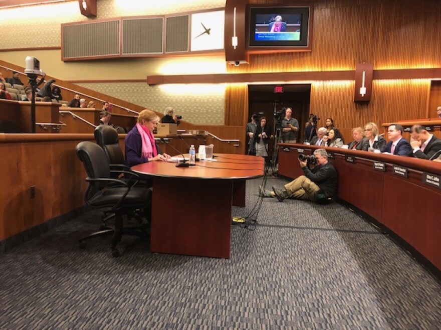 State Department of Labor Commissioner Roberta Reardon testifies at the hearing Wednesday.