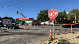 Stop signs have been temporary placed at each stop at the intersection of Kirkwood Avenue and Rogers Street.