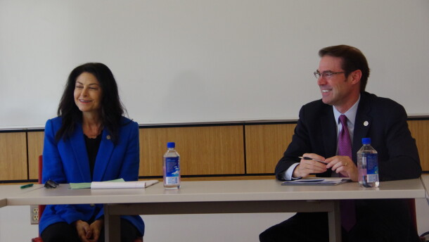 Attorney General Dana Nessel (left) and State Senator Sean McCann (left) speak at a roundtable discussion on energy affordability held at Western Michigan University's Sangren Hall on Monday, September 28, 2026.
