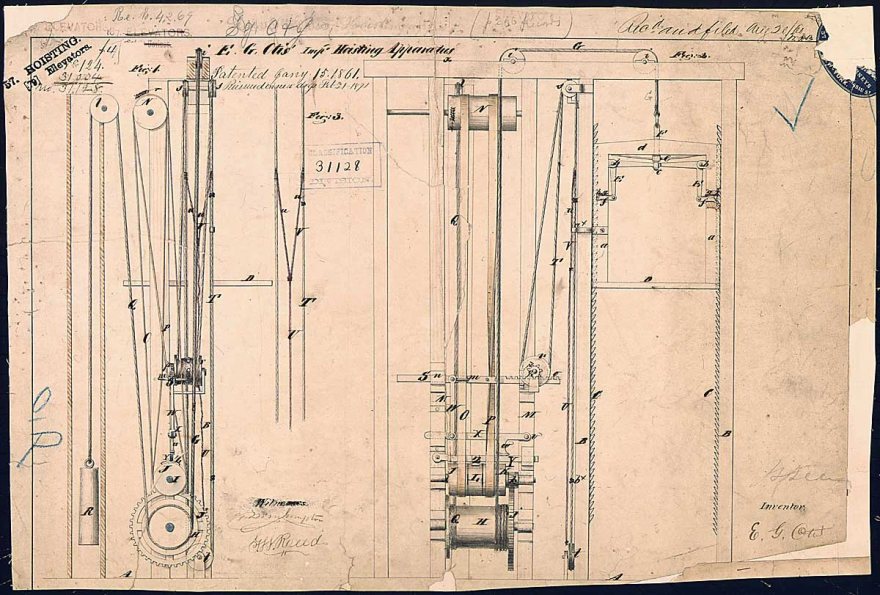 Elisha Otis's elevator patent drawing, 1861.