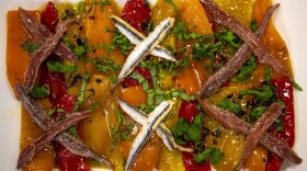 Umami roasted red peppers with anchovies and basil. (Jesse Costa/WBUR)