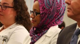 Dr. Suha Abushamma (center) at a press conference on Tuesday discussing her return to the U.S.  