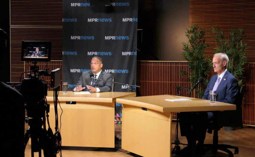 Democratic Attorney General Keith Ellison and Republican challenger Ron Schutz debate at MPR News in St. Paul on Oct. 2, 2026