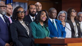 Representative Terri Sewell, Democrat of Alabama, is surrounded by members of the Congressional Black Caucus as they speak to reporters at the Capitol in Washington on Wednesday, April 29, 2026.