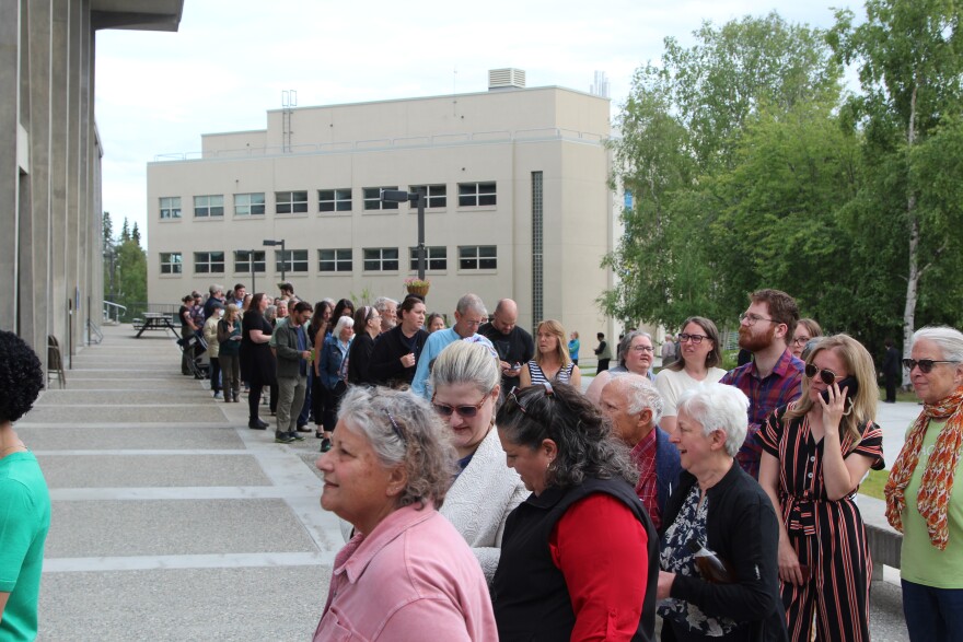 A line forms outside before doors open at Justice Jackson's talk at the University of Alaska Fairbanks July 14, 2026.