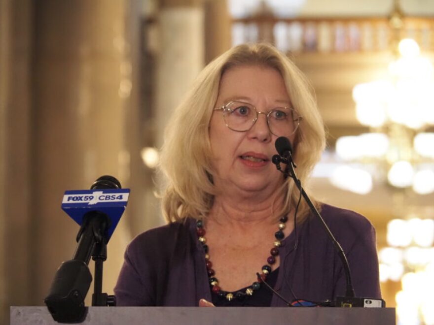 Common Cause Indiana Executive Director Julia Vaughn speaks at a 2025 news conference.