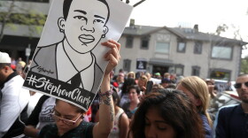 Black Lives Matter protesters stage a demonstration in front of the offices of Sacramento District Attorney Anne Marie Schubert on April 4, 2018 in Sacramento, Calif., in the wake of the police shooting of Stephon Clark. (Justin Sullivan/Getty Images)