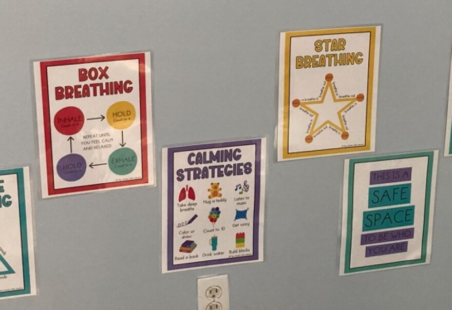 "Safe Space" Wall with tips on calming and breathing at the Archway Academy