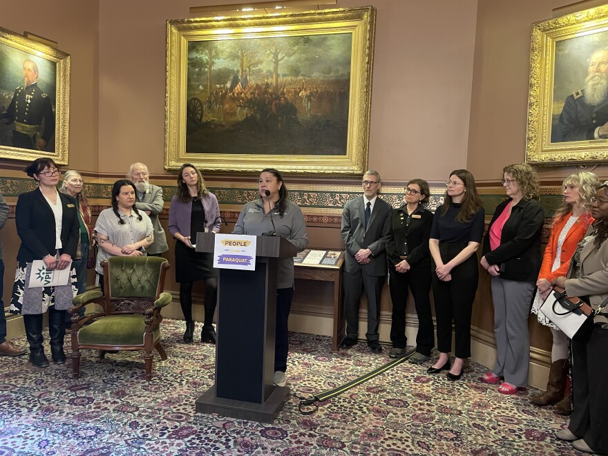 Brandolyn Bradley, of the of the University of Vermont's Frederick C. Binter Center for Parkinson's Disease & Movement Disorders, spoke in favor of banning paraquat at a Statehouse press conference on April 15, 2026.