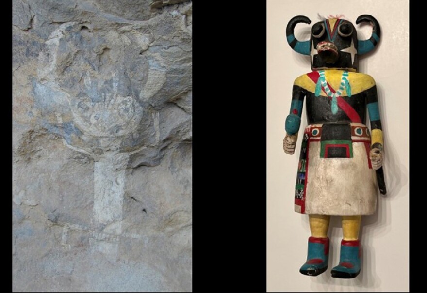 Curved horns, bulging or “goggle” eyes, a patterned band or sash at the waist – the White Horned Dancer pictograph of West Texas and the “ogre” kachina of contemporary Hopi tradition share several distinctive elements. And it’s only one connection between the millennium-old rock art of Hueco Tanks State Park, and other sites in our region, and kachina imagery.