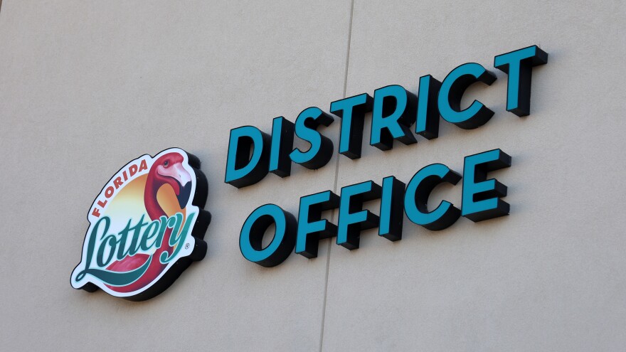 The sign outside of the Florida Lottery Gainesville District Office in Gainesville, Fla. on Friday, Mar. 27, 2026. (Hannah Miller/WUFT News)