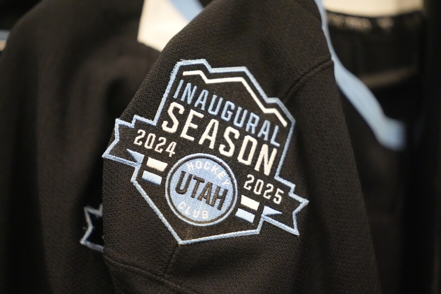 Utah Hockey Club jersey is shown during a tour of the new temporary practice facility locker room at the Olympic Oval, Sept. 17, 2024, in Kearns, Utah.