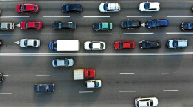 City traffic jam on a highway. Aerial.