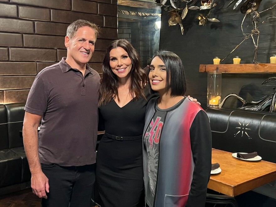 Fireside co-founders Mark Cuban and Falon Fatemi (right), pose with Real Housewives of Orange County cast member Heather Dubrow. Dubrow is one of the contributors to the interactive video streaming platform.