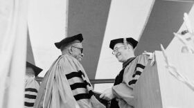 Howard Thurman (left) receiving his degree for Doctor of Divinity at Boston University commencement, 1967.