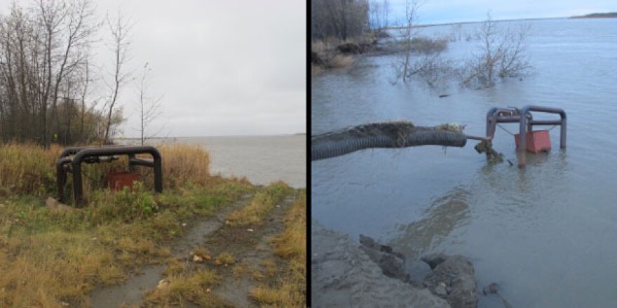 (Left) Akiak before the flooding. (Right) Akiak after the flooding that has caused the city to declare a disaster. October 4, 2012. Photos from KYUK - Bethel