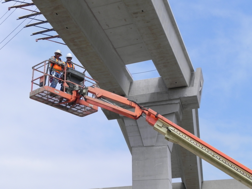 A construction crew working on the I-35/Ben White interchange earlier this year.