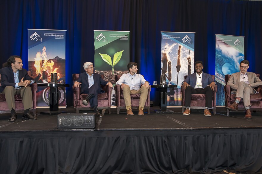 Speakers at a recent Society of Environmental Journalists plenary session titled "The Energy Transition and Environmental Justice" included Pedro Pizarro (second from left) of Edison International, and Jamal Lewis (second from right) of Rewiring America.