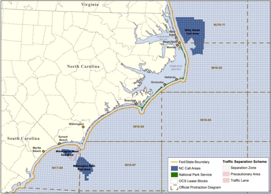 Federal officials have opened three areas off the N.C. coast for wind farm license. Avangrid Renewables has the license for the northern area, off the Outer Banks. 