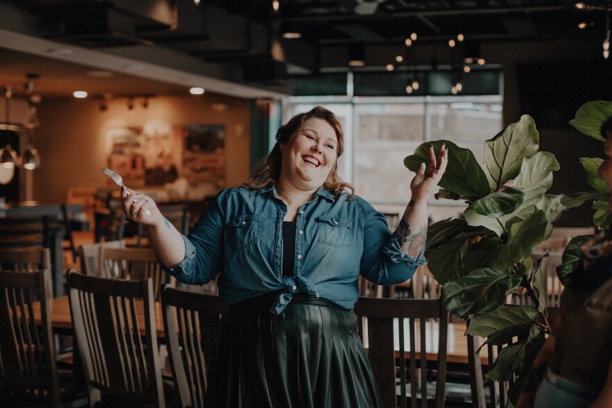 Comedienne  Hilliary S. Begley at White Labs Kitchen making dumplings. 