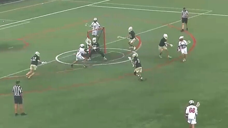 lacrosse scene with team in black and team in white circling the net on a green field 