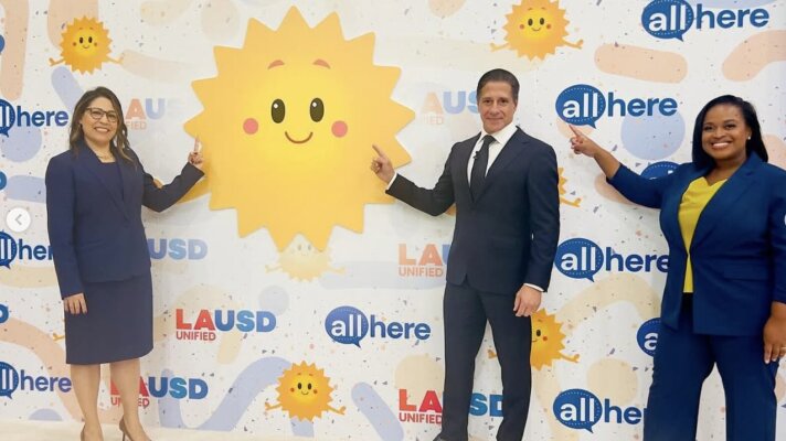 Photo from the AllHere Education Instagram page, showing Alberto Carvalho, the former Miami-Dade public schools chief and current Los Angeles schools chief (center, right), and