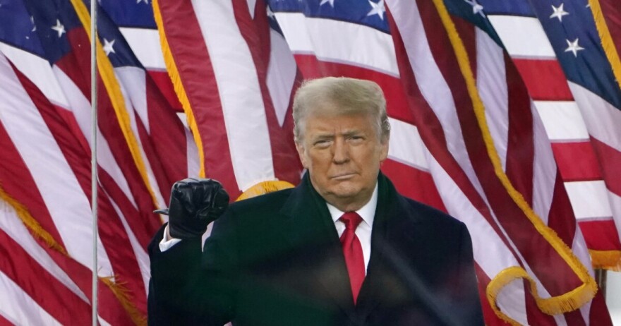 Then-President Donald Trump gestures as he arrives to speak at a rally in Washington, on Jan. 6, 2021.