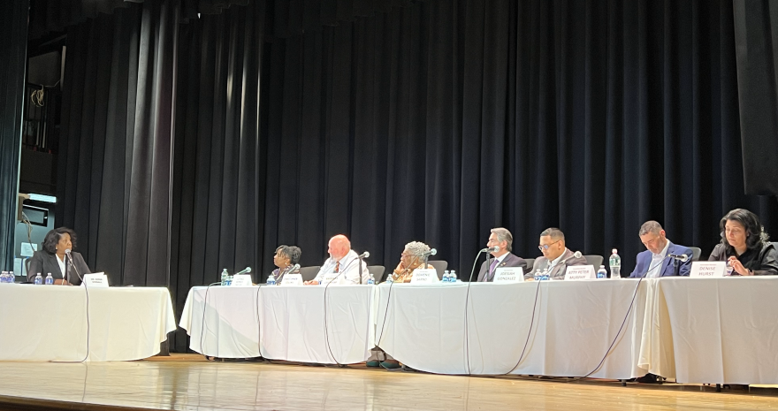 Dr. Sonia Dinnall (seated, left) sitting for one final public interview before the Springfield School Committee (seated, right) on Thursday, May 31, 2024.