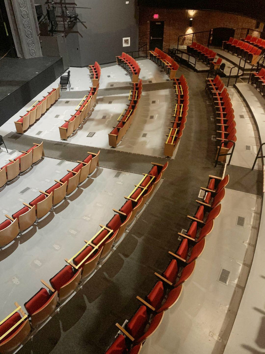 Rows of seats had been removed from the theater to allow for social distancing at Barrington Stage Company, in summer of 2020.