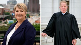 Side-by-side photos of a woman in a suit smiling at the camera with the Milwaukee skyline behind her and a man in judicial robes standing in front of a courthouse.
