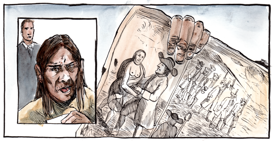 A character holds a piece of paper with a political cartoon from the era, in which a Native woman seduces a Quaker.