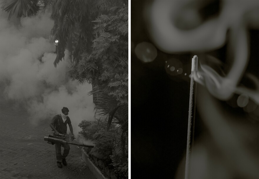 Left: A man fumigates the compound where Hirve and her family live. Right: Burning incense on Gudi Padwa, the traditional new year for Marathi and Konkani Hindus, on the first day of the lockdown, March 25.