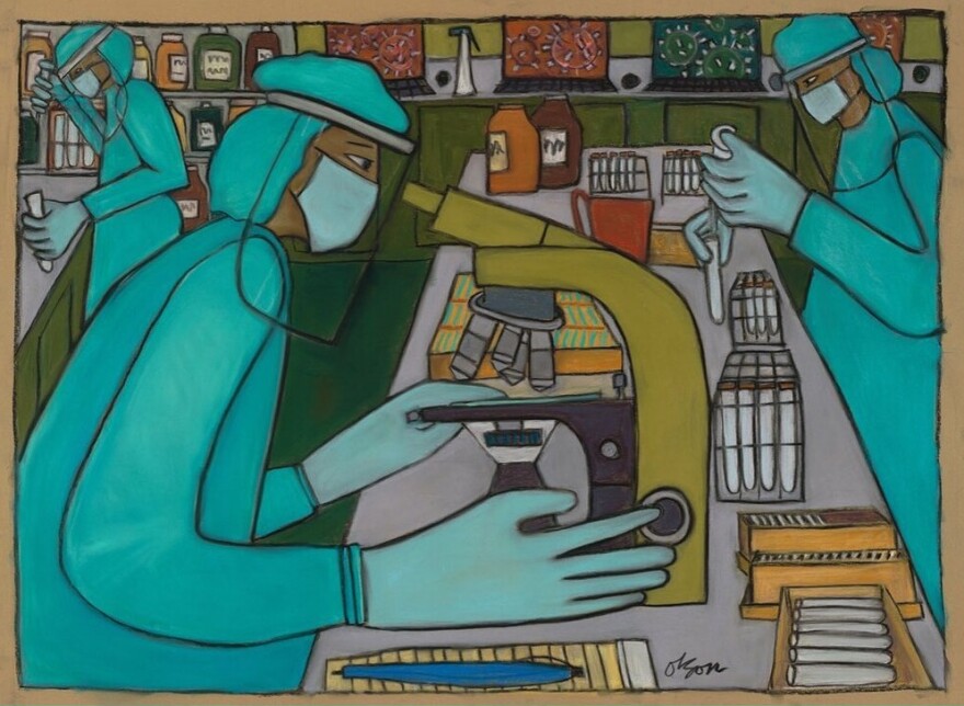 Pastel artwork of scientists in a lab