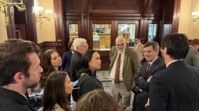 Statehouse reporters hold a gaggle with Senate Majority Leader Shane Massey on May 1, 2024, in the South Carolina Senate antechamber with days left until the last day of session, May 9.